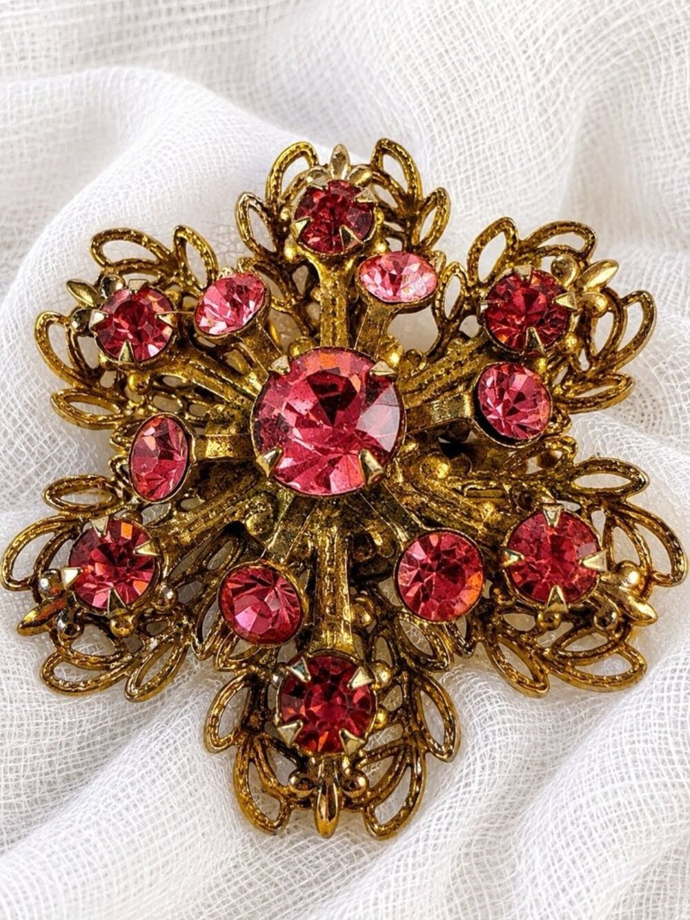 Vintage Pink Rhinestone Floral Brooch